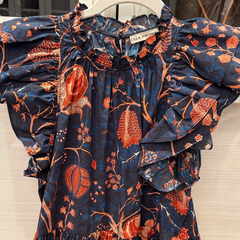 Ulla Johnson Floral Ruffle Dress in Navy and Orange - Picture 3 of 6